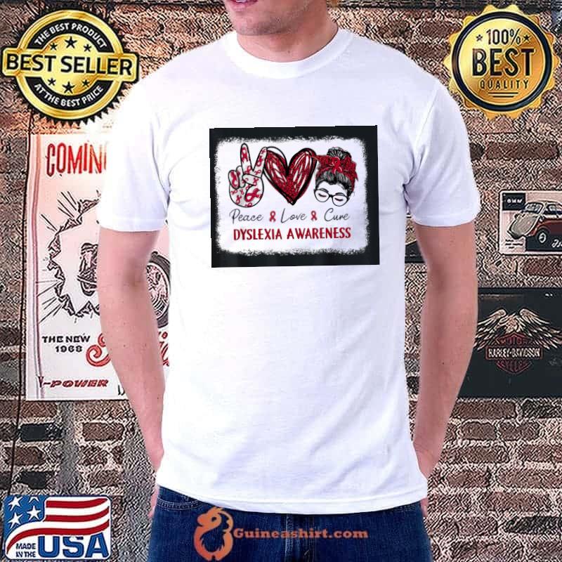Dyslexia awareness red ribbon heart peace love cure shirt