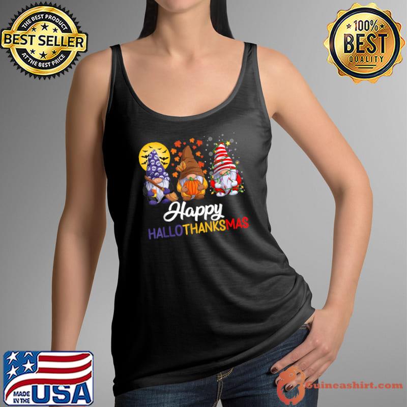 Gnomes With Autumn Fall Moon And Bats Halloween Thanksgiving Christmas Happy Hallothanksmas T-Shirt Tank Top