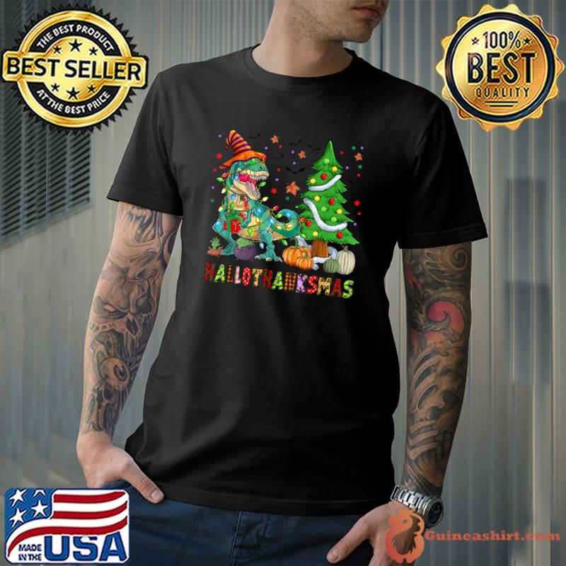 Hallothanksmas T Rex Dinosaur Pumpkin And Xmas Tree Halloween Christmas T-Shirt