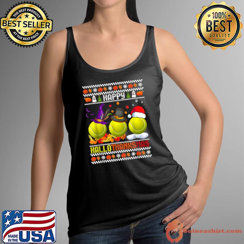 Happy HalloThanksMas Tennis Witch Santa Hat Halloween Thanksgiving Xmas T-Shirt Tank Top