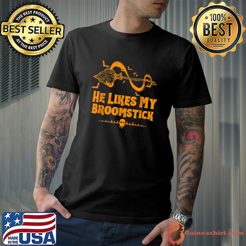 He Likes My Pumpkins She Likes My Broomstick Halloween Broom With Bats T-Shirt