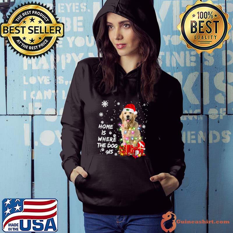 Home Is Where The Dog Is Golden Retriever Santa Christmas Tree Lights Xmas Dog T-Shirt Hoodie