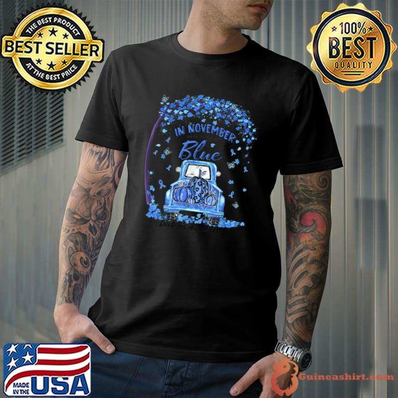 In November We Wear Blue Diabetes Awareness Tractor And Pumpkin Leopard Autumn Fall Tree T-Shirt