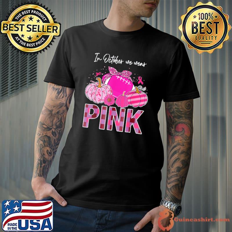 In october we wear pink ribbon leopard pumpkin breast cancer shirt