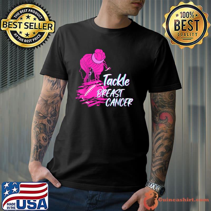 Messy Bun Tackle Football Pink Ribbon Breast Cancer Awarenes T-Shirt