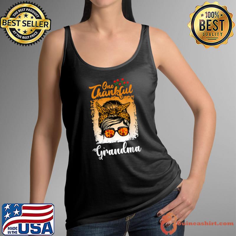 One Thankful Grandma Leopard Fall Messy bun Thanksgiving T-Shirt Tank Top