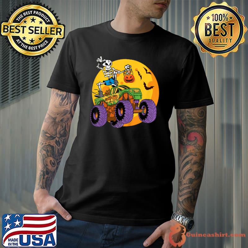 Skeleton Monster Truck Trick Treat Halloween Monster Truck Moon T-Shirt