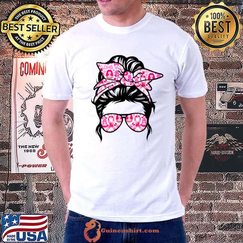 Support Squad Messy Bun Pink Warrior Breast Cancer Awareness T-Shirt