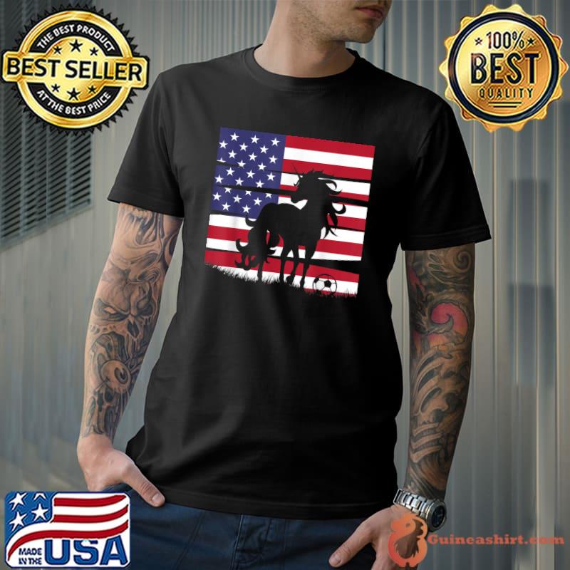 Vintage American Flag And Soccer Unicorn Player Sport Football T-Shirt