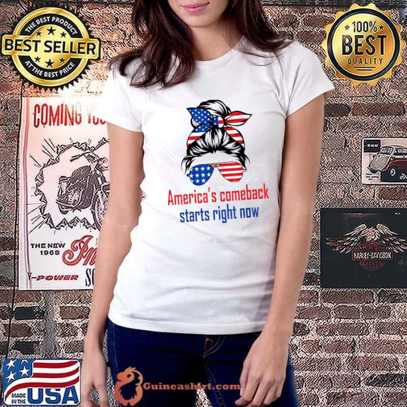 America’s Comeback Starts Right Now Messy Bun Sunglasses American Flag Election 2024 T-Shirt Ladiestee