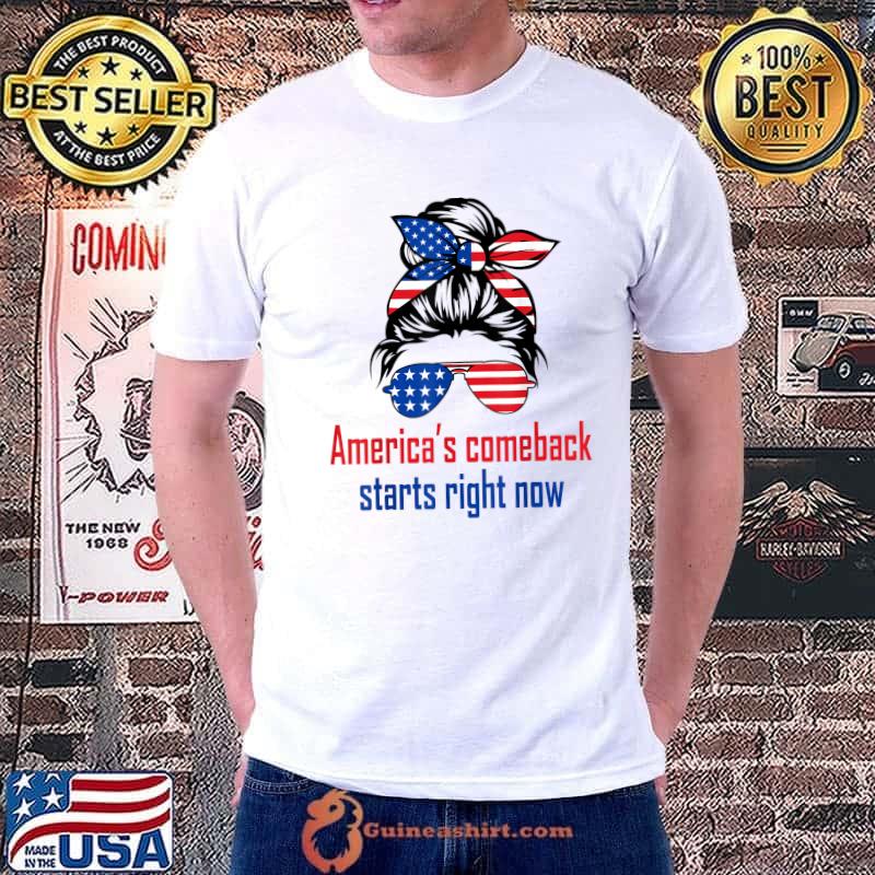 America’s Comeback Starts Right Now Messy Bun Sunglasses American Flag Election 2024 T-Shirt