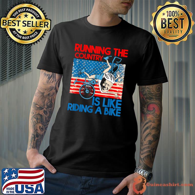 Anti Biden Falling Off Running The Country Is Like Riding A Bike Usa Flag T-Shirt