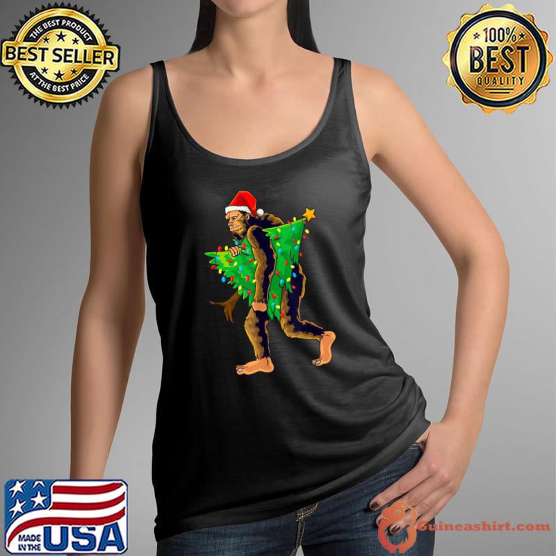 Bigfoot With Santa Hat Carrying Christmas Tree With Lights Sasquatch Believer Pajama T-Shirt Tank Top