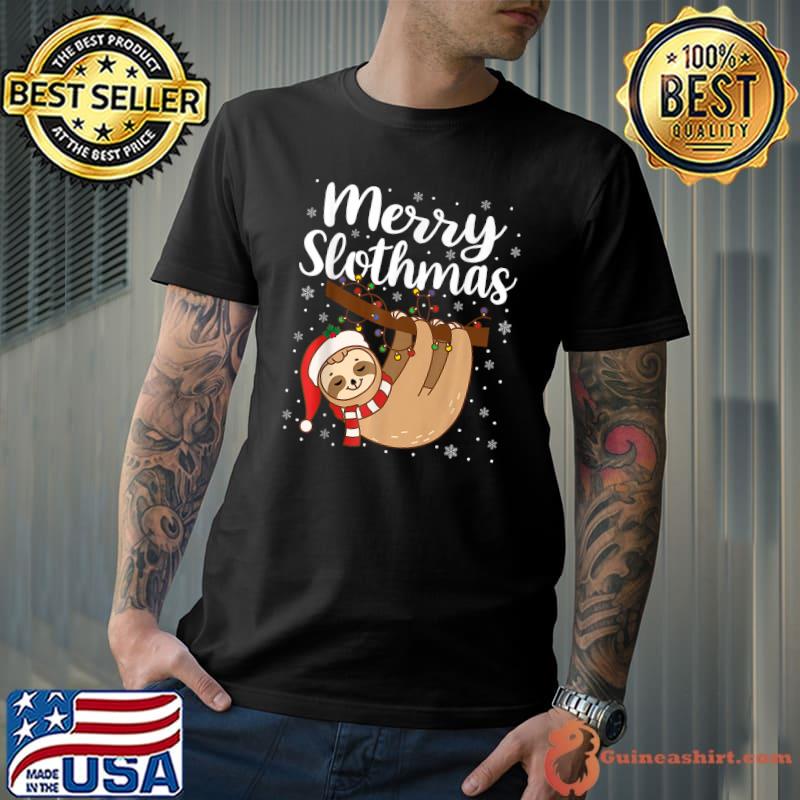 Cute Merry Slothmas Santa Hat Lights Christmas Sloth Lovers Pajama T-Shirt