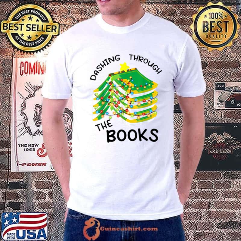 Dashing Through The Books Xmas Tree Lights Book Lover Christmas T-Shirt
