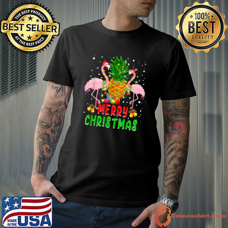 Flamingo Merry Christmas Tree Pineapple Xmas Light T-Shirt