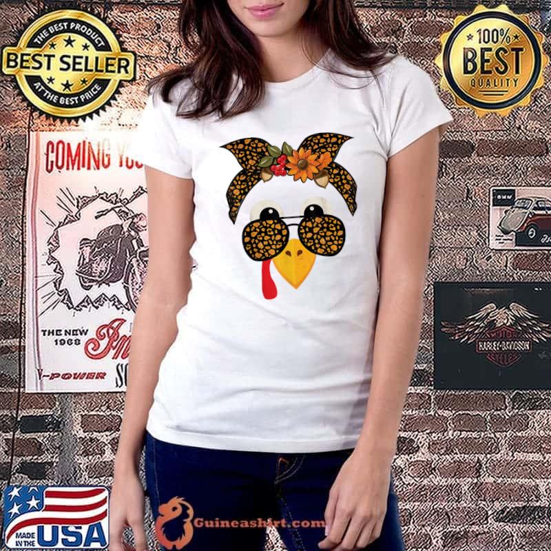 Gobble Turkey Face Costume With Sunglasses And Ribbon Leopard Flowers T-Shirt Ladiestee