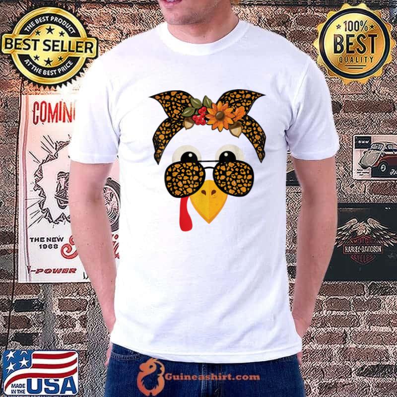 Gobble Turkey Face Costume With Sunglasses And Ribbon Leopard Flowers T-Shirt