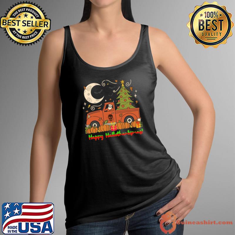 Happy Hallothanksmas Santa Harvest Truck Pumpkin Moon Bats T-Shirt Tank Top