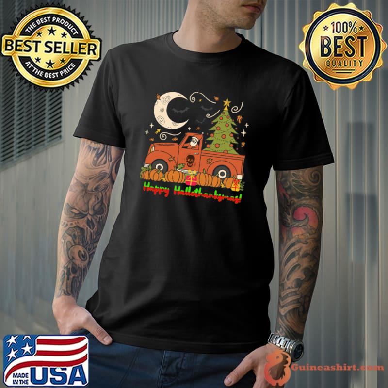 Happy Hallothanksmas Santa Harvest Truck Pumpkin Moon Bats T-Shirt