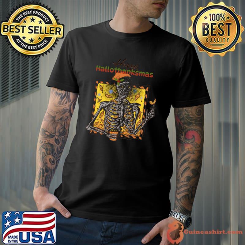 Happy Hallothanksmas Skeleton Drink Coffee Autumn Fall Design T-Shirt