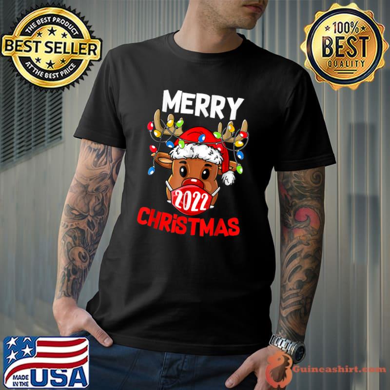 Merry Christmas 2022 Santa Reindeer Face Mask Xmas Lights T-Shirt