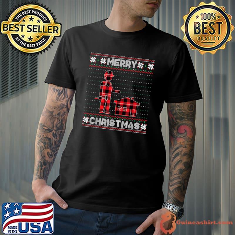 Merry Christmas Construction Worker Red Plaid Ugly Sweater Party T-Shirt