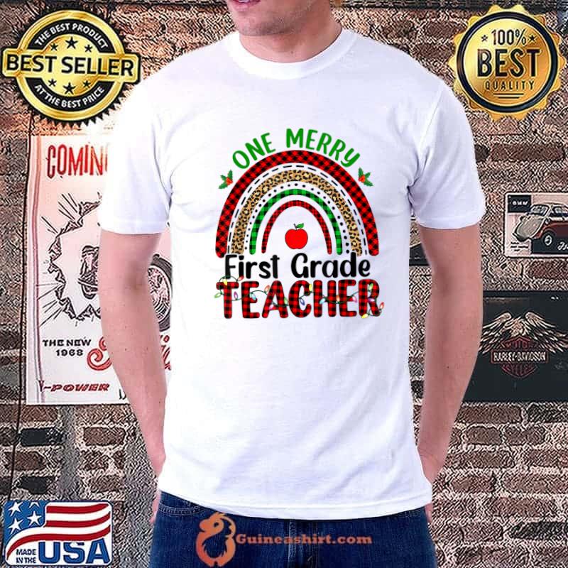 One Merry 1st Grade Teacher Rainbow Leopard Apple Print Christmas T-Shirt
