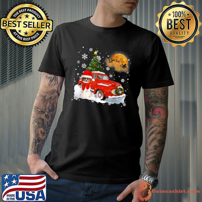 Papillon Dog Riding Red Truck Christmas Decorations Blood Moon T-Shirt