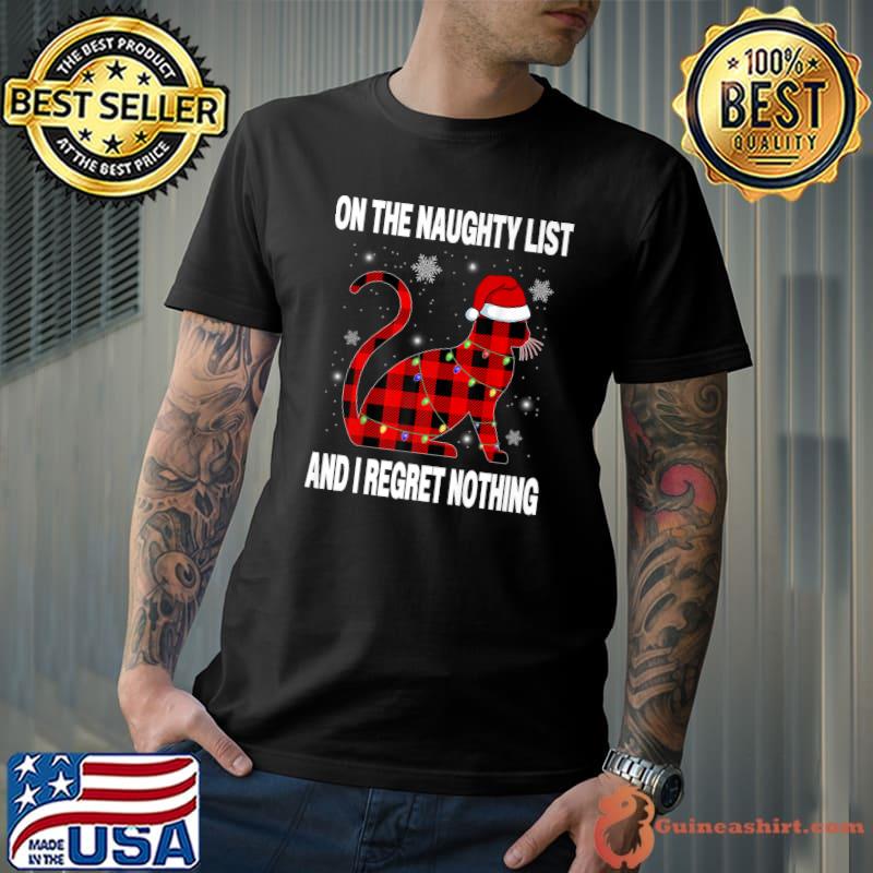 Red Plaid On Naughty List And I Regret Nothing Kitten Xmas Lights T-Shirt