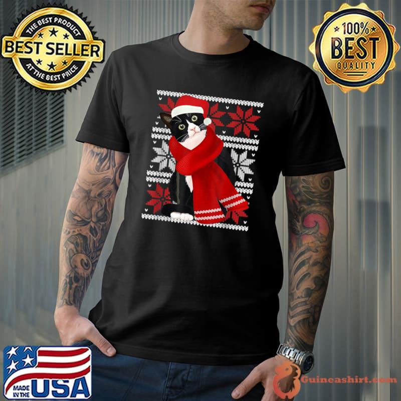 Ugly Christmas Black Cat Santa Hat Scarf Holiday Cute T-Shirt