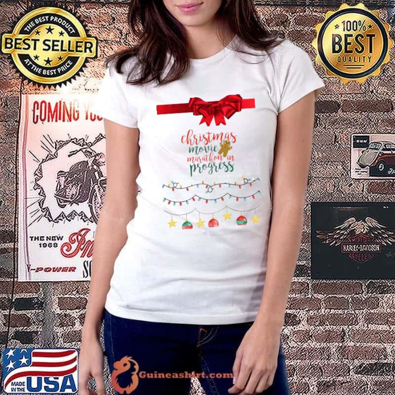 Ugly Sweeter Christmas Movie Marathon In Progress Lights Ribbon Red T-Shirt Ladiestee