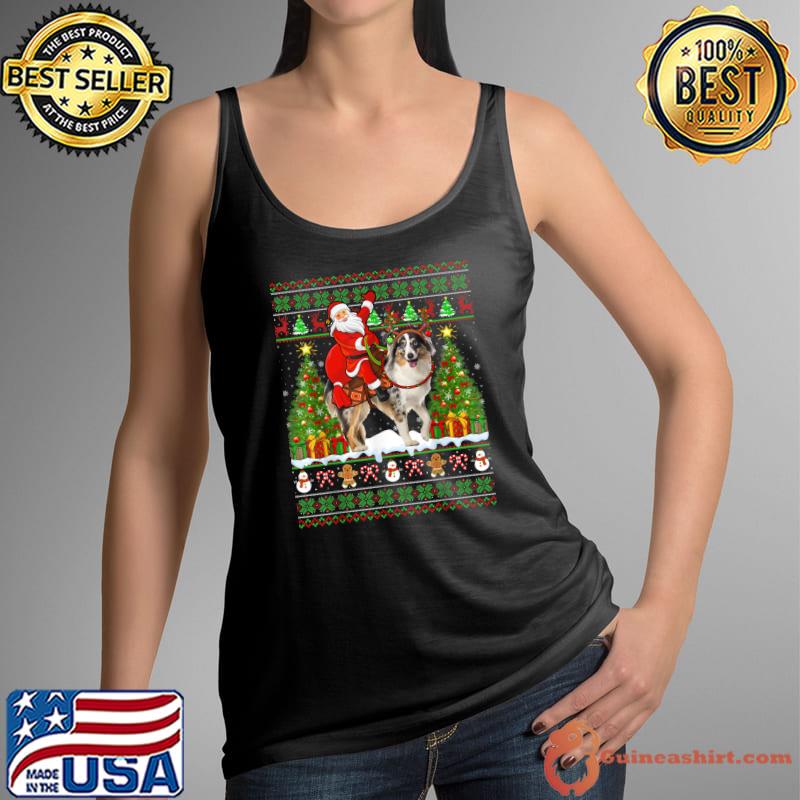 Xmas Ugly Santa Riding Australian Shepherd Dog Christmas T-Shirt Tank Top