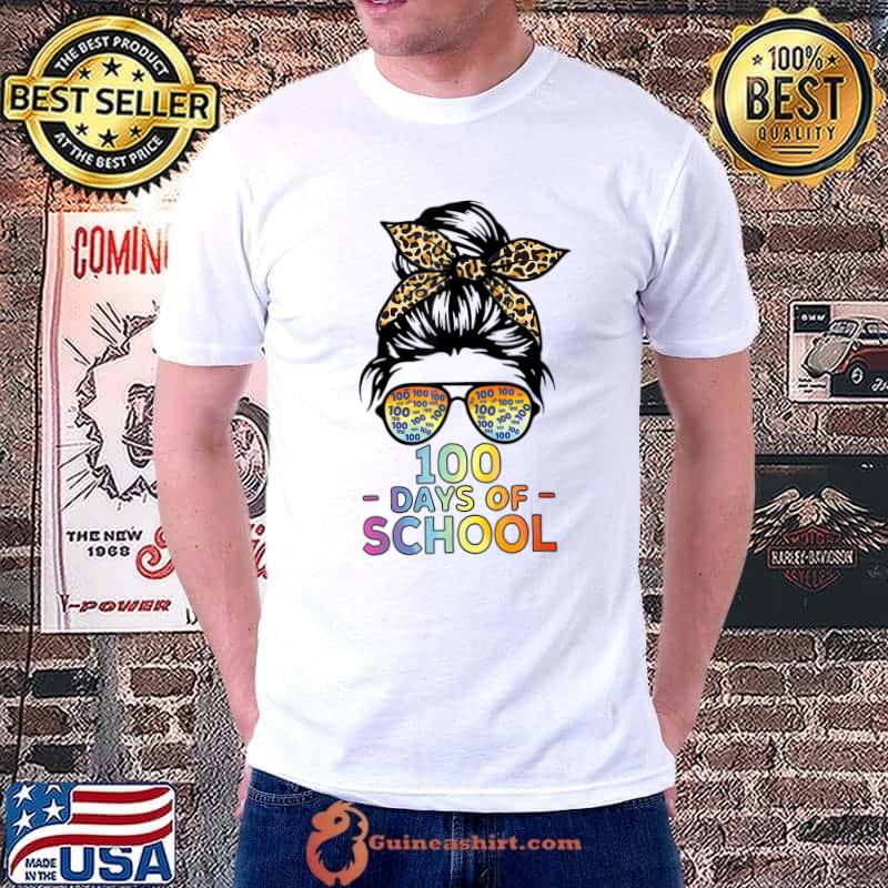 100 Days Of School Teacher Women Messy Bun Sunglasses Retro Leopard T-Shirt