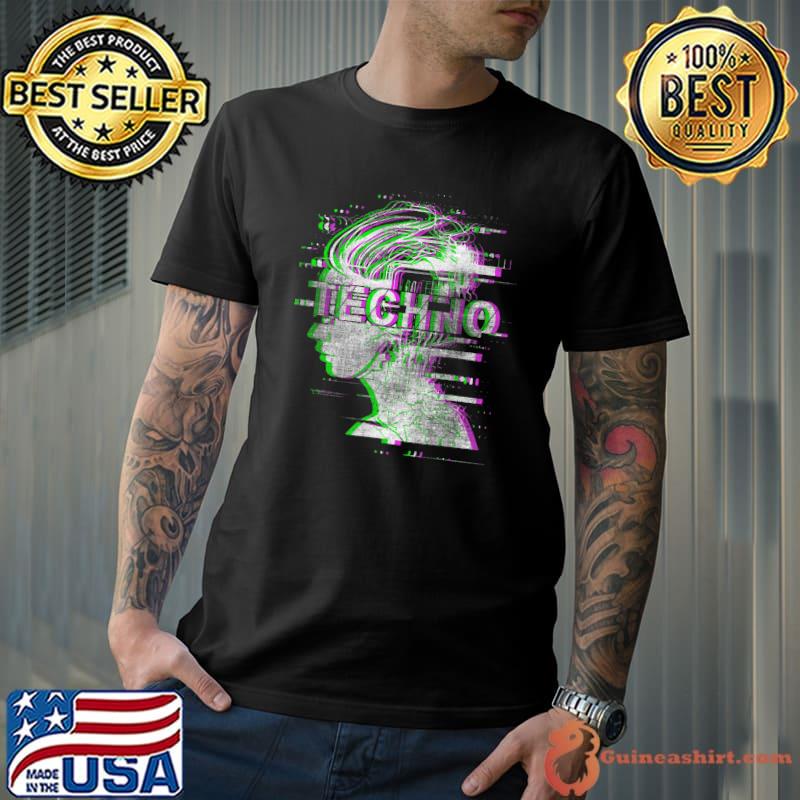 Acid Techno Face Raver & DJ Trippy Optical Illusion Glitch T-Shirt