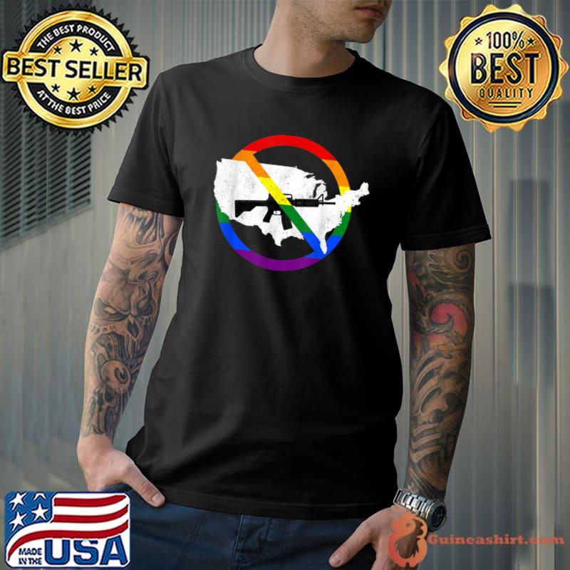 Assault Weapon Ban Sign Map Of Usa Rainbow Flag Anti-Gun T-Shirt