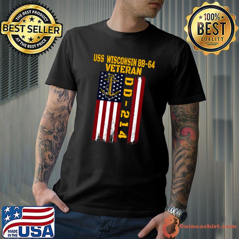 Battleship Uss Wisconsin BB-64 Warship Veteran Grandpa Dad American Flag T-Shirt