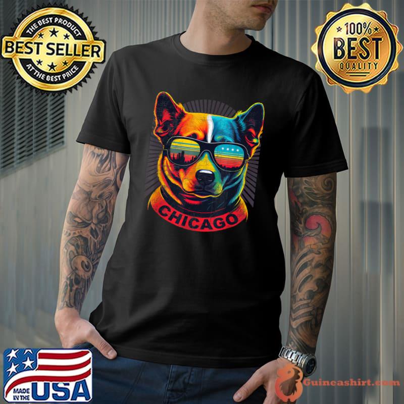Chicago city pup in shades with city flag sunglasses vintage T-Shirt