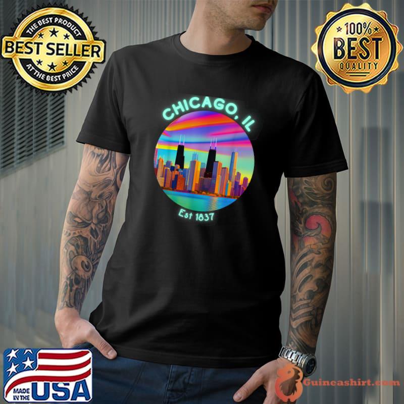 Chicago Illinois Skyline Retro 90s Vaporwave Colorful Travel T-Shirt
