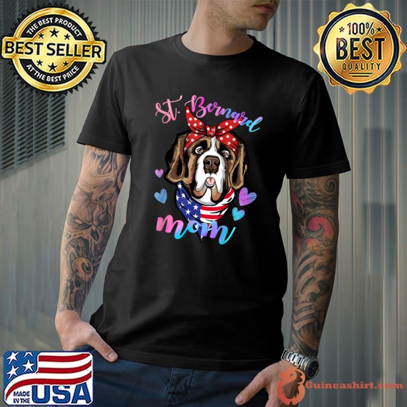 Cute St. Bernard Dog Mom Ribbon American Flag Hearts Mama Puppy Lover Mother T-Shirt