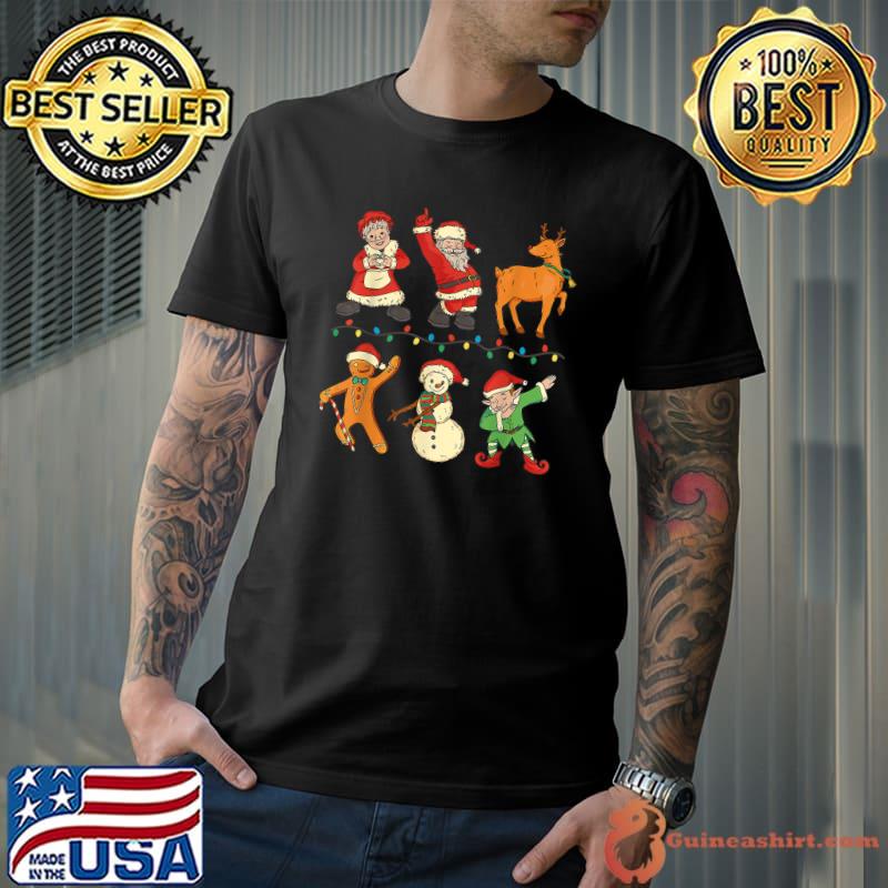 Dabbing Santa Elf Friends Snowman Reindeer And Lights Christmas T-Shirt