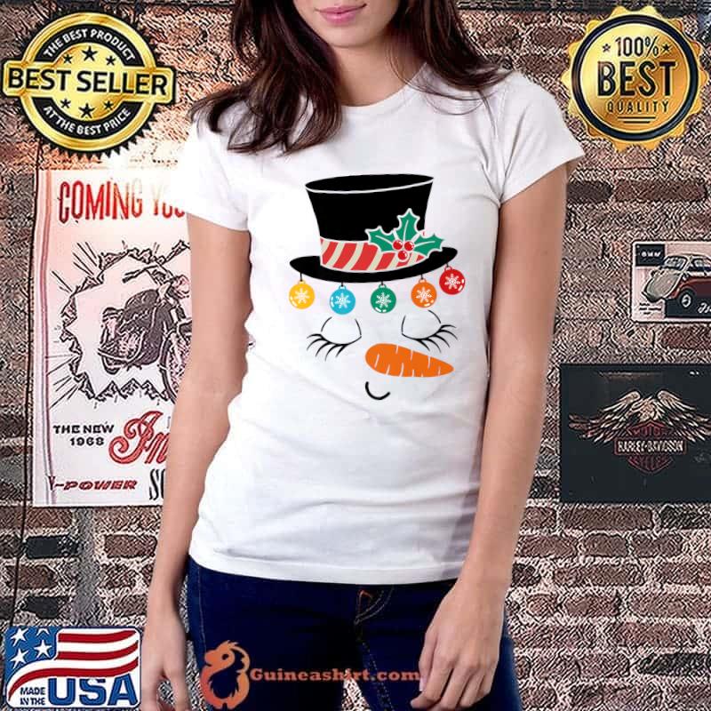 Eyelashes Cute Snowman Girl Face Christmas Balls Nose Carrot T-Shirt Ladiestee