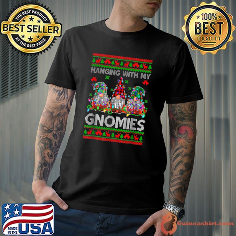 Hangin' With My Gnomies Three Gnomes Lights Christmas Buffalo Plaid T-Shirt