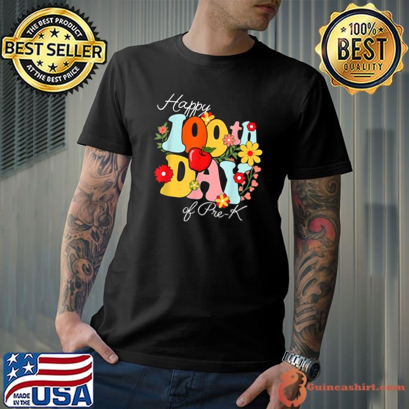 Happy 100 Days Of Pre K Teacher Retro Groovy 100th Day T-Shirt