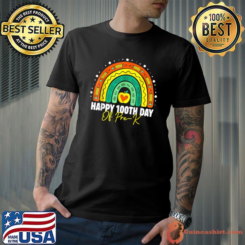 Happy 100th Day Of Pre-K Student Teacher Rainbow Retro T-Shirt