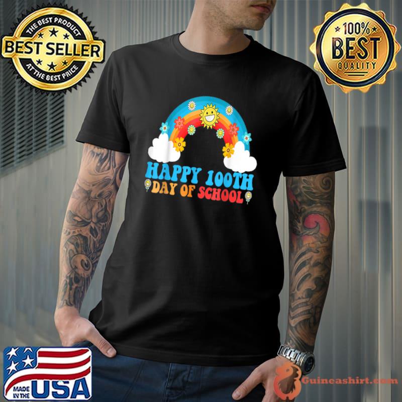 Happy 100th Days Of School Rainbow Cloud Retro Groovy Smarter Teacher T-Shirt