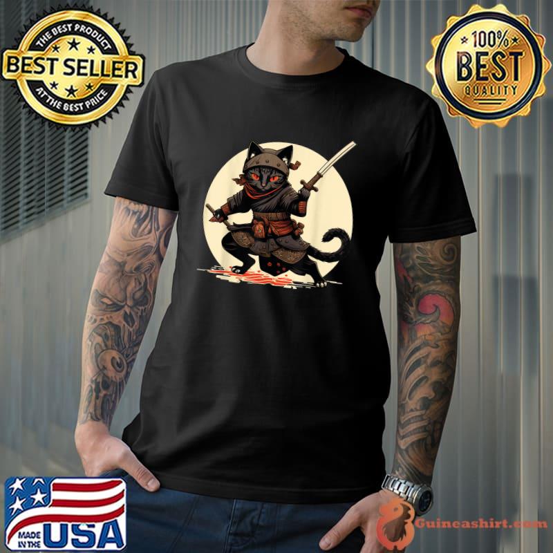 Japanese Samurai Ninja Cat Anime Kawaii Catzilla Cat Moon T-Shirt