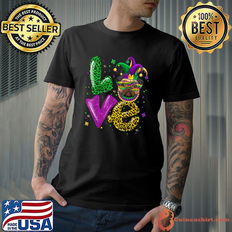 Love Pug Dog Mask Plaid Leopard Mardi Gras T-Shirt