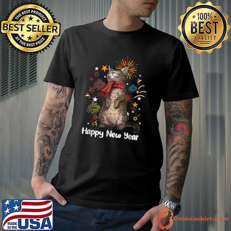 Meowy New Year Cat Happy Kitten New Year Fireworks T-Shirt