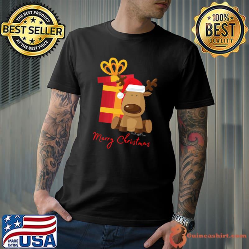 Merry Reindeer Christmas Santa Hat And Gift T-Shirt
